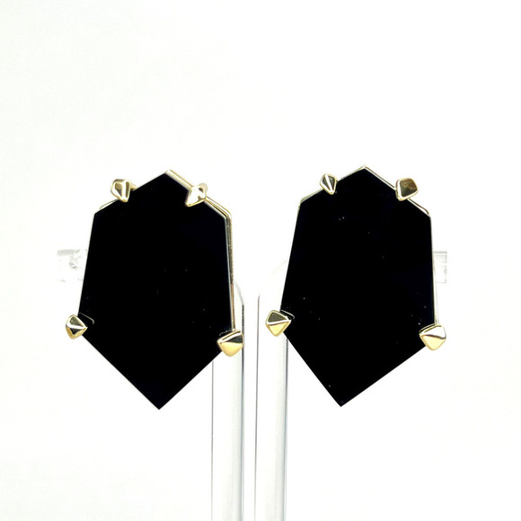Nicholas Liu Vintage Black Onyx Hexagon Geometric Clip On Earrings Gold Metal - Picture 1 of 5